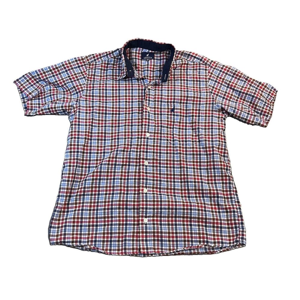Rothsville North Polo Club Red Navy Plaid Button Up Short Sleeve Mens Shirt Sz M